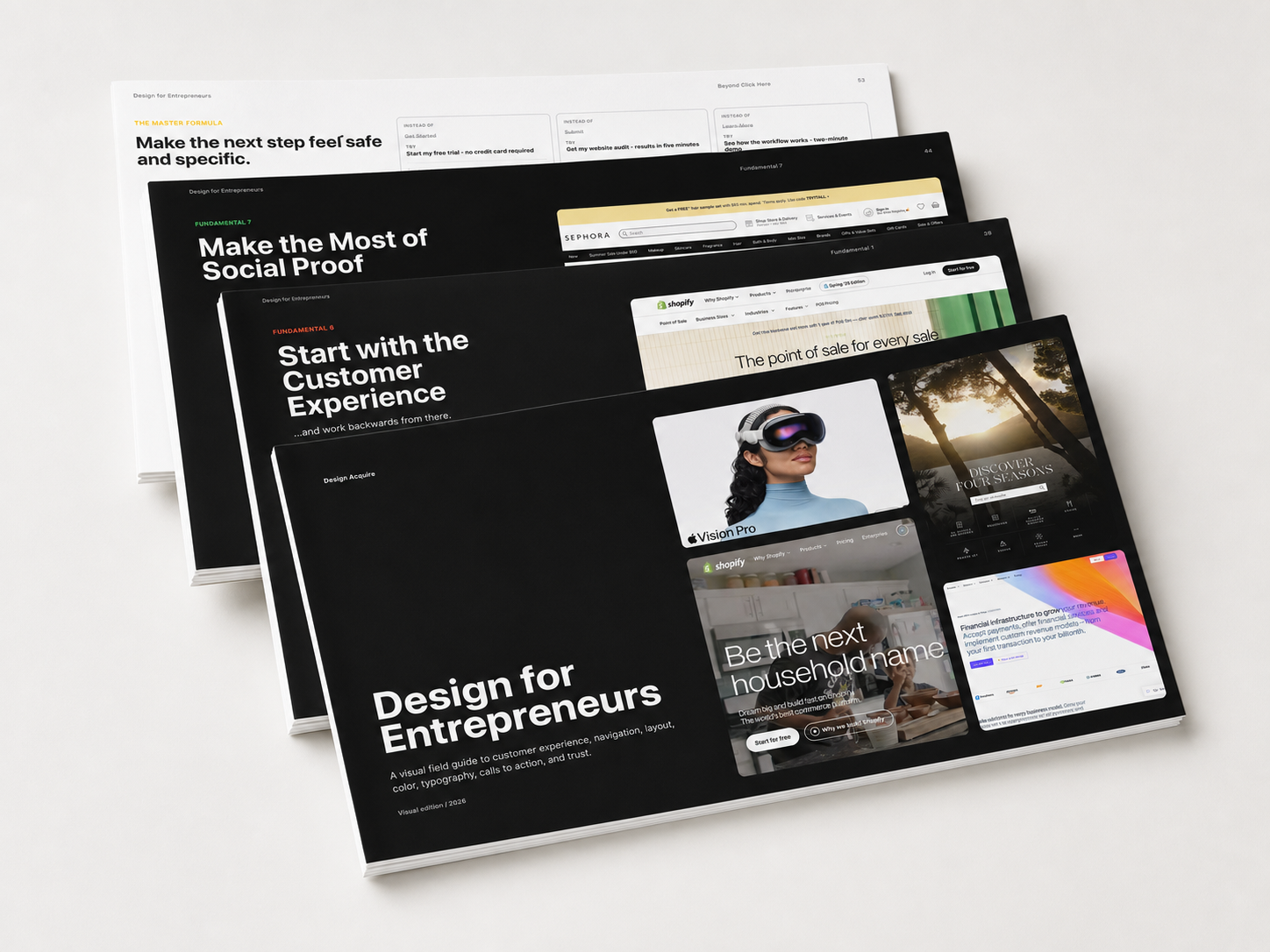 Five pages from the Design for Entrepreneurs field guide fanned out in a premium printed presentation