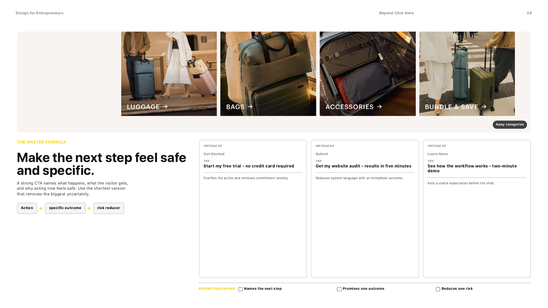 Guide worksheet showing how to make a call to action feel safe and specific