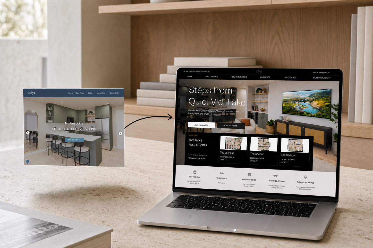 The Cove website transformation from the original site to a premium leasing experience shown on a silver laptop