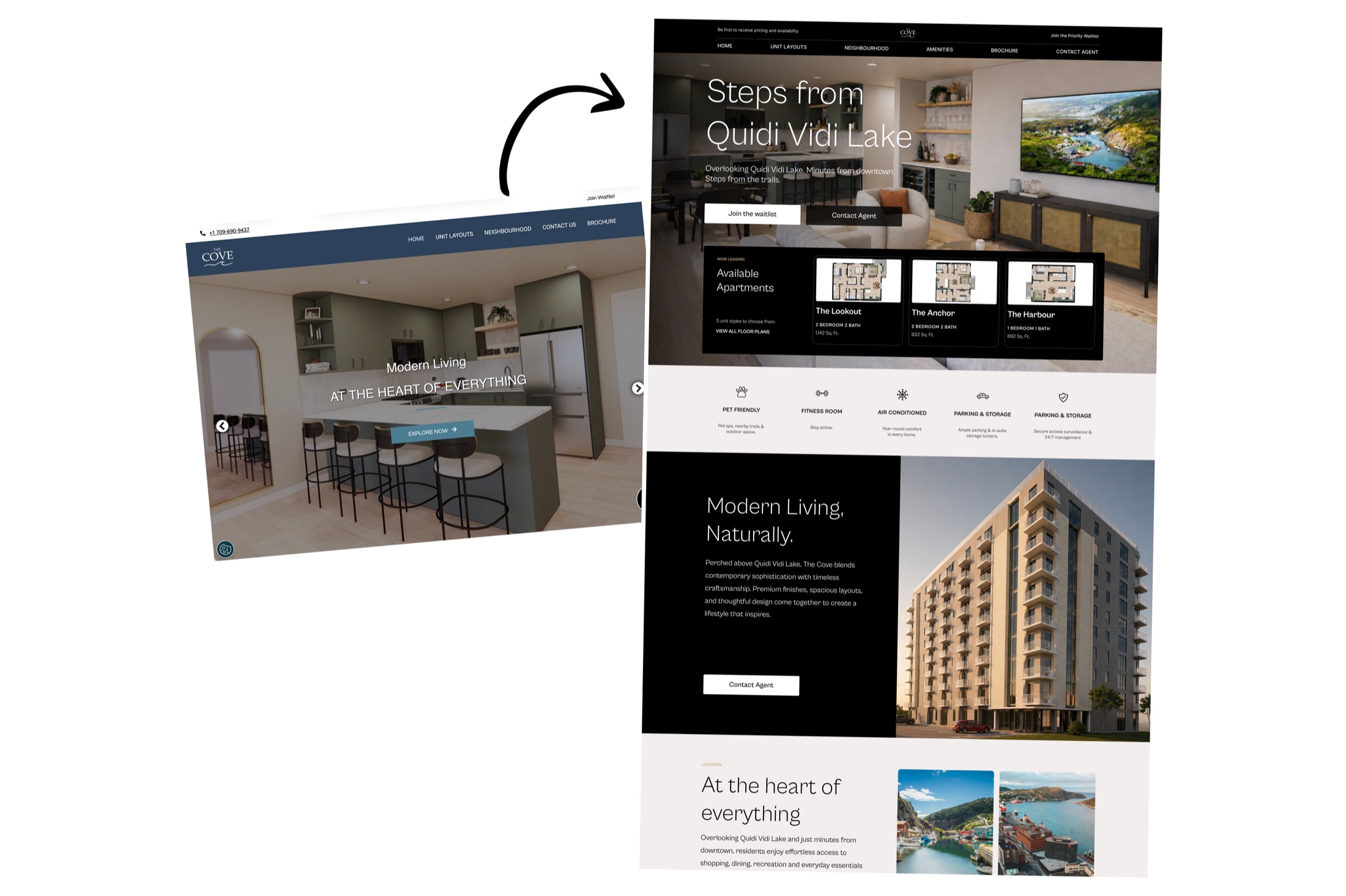 The Cove apartment website before and after its premium redesign