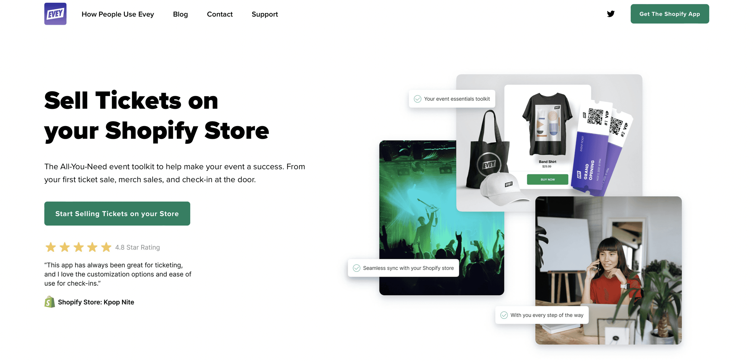 Evey Events marketing website explaining event ticketing for Shopify