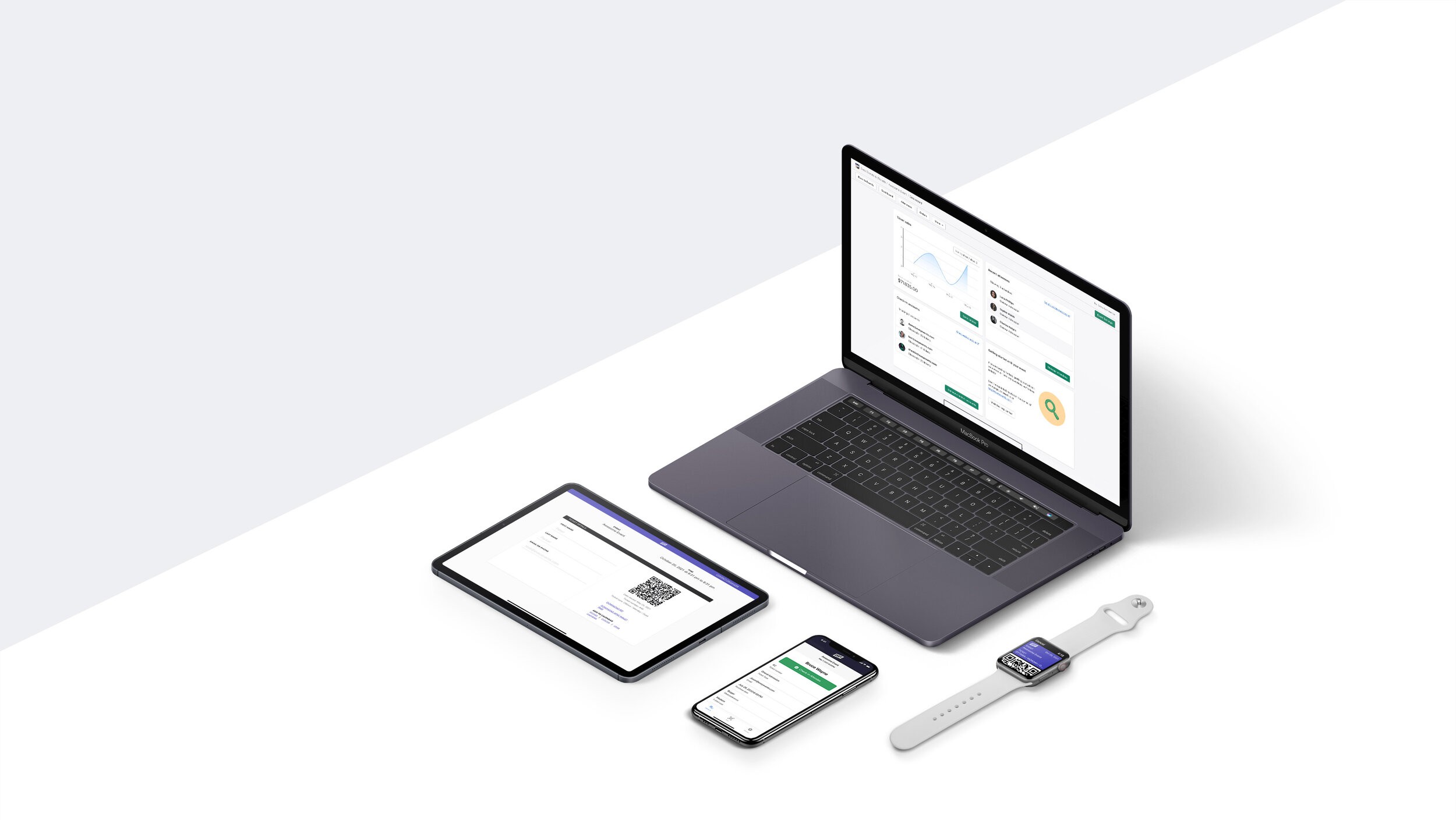 Evey Events product shown across desktop, tablet, phone, and watch interfaces